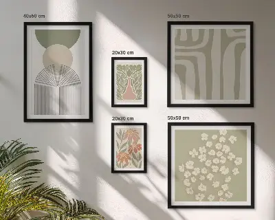 Növényi grafikákat ábrázoló képszett nappaliba stílusos pasztell árnyalatokban