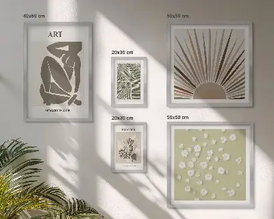 Képkészlet nappaliba stílusos absztrakt növényi grafikával