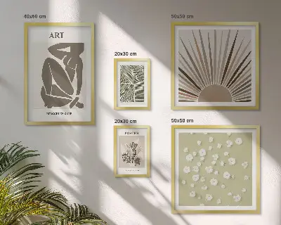 Képkészlet nappaliba stílusos absztrakt növényi grafikával