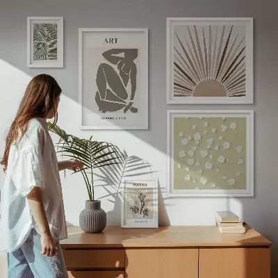 Képkészlet nappaliba stílusos absztrakt növényi grafikával