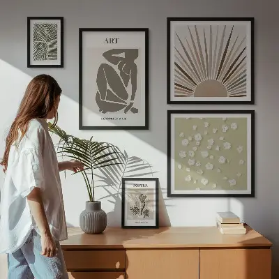 Képkészlet nappaliba stílusos absztrakt növényi grafikával