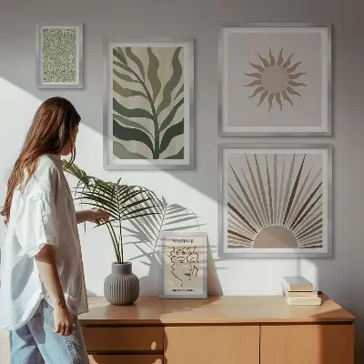 Képkészlet nappaliba stílusos absztrakt növényi grafikával