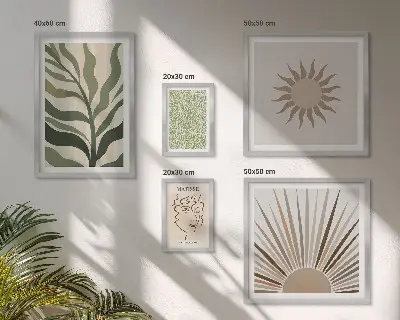 Képkészlet nappaliba stílusos absztrakt növényi grafikával