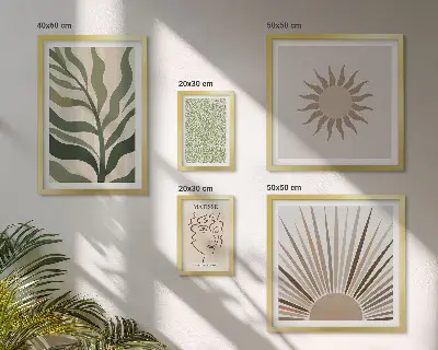 Képkészlet nappaliba stílusos absztrakt növényi grafikával