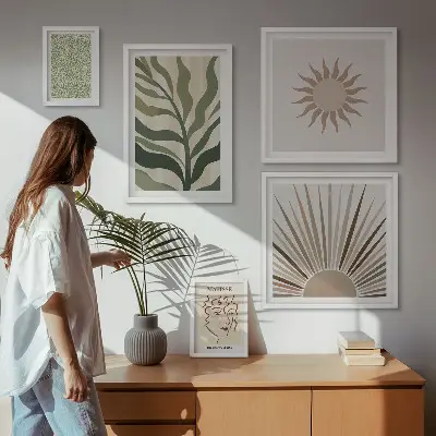 Képkészlet nappaliba stílusos absztrakt növényi grafikával