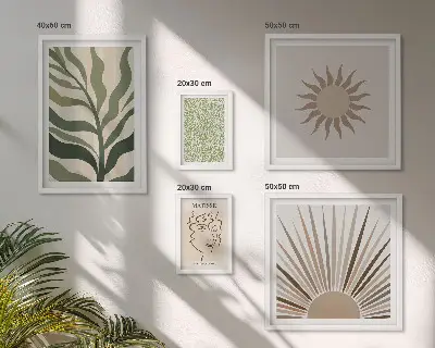 Képkészlet nappaliba stílusos absztrakt növényi grafikával