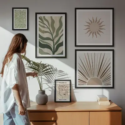 Képkészlet nappaliba stílusos absztrakt növényi grafikával