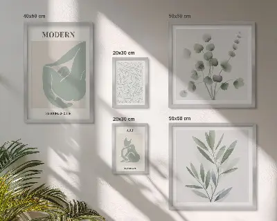Képkészlet nappaliba stílusos növényi és absztrakt grafikákkal
