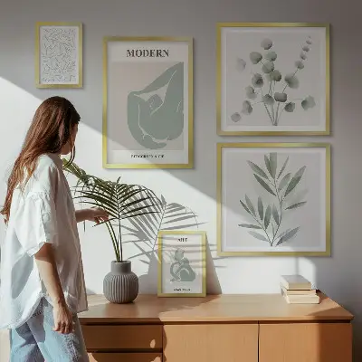 Képkészlet nappaliba stílusos növényi és absztrakt grafikákkal