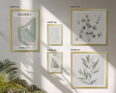 Képkészlet nappaliba stílusos növényi és absztrakt grafikákkal