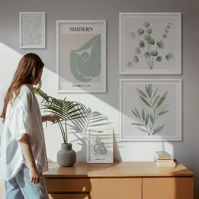 Képkészlet nappaliba stílusos növényi és absztrakt grafikákkal