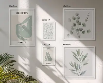 Képkészlet nappaliba stílusos növényi és absztrakt grafikákkal