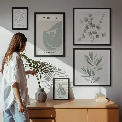 Képkészlet nappaliba stílusos növényi és absztrakt grafikákkal