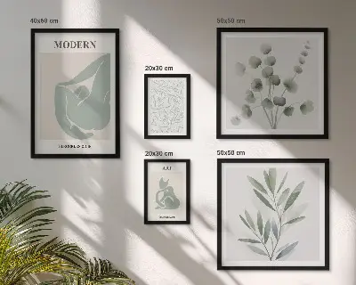 Képkészlet nappaliba stílusos növényi és absztrakt grafikákkal