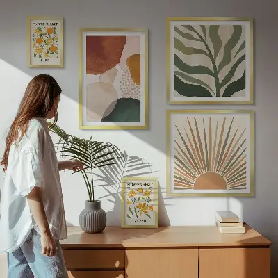 Dekorációs képkészlet nappaliba stílusos növényi geometriai grafikával