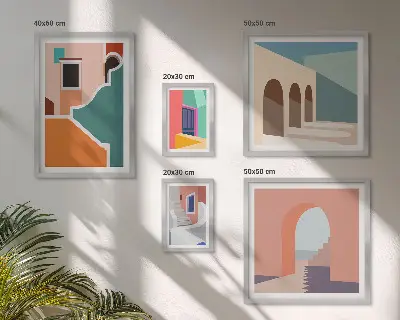 Dekorációs képkészlet nappaliba épületek színes illusztrációival