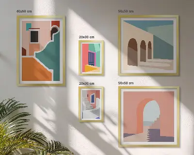 Dekorációs képkészlet nappaliba épületek színes illusztrációival
