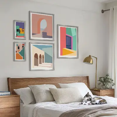 Képkészlet nappaliba színes városi illusztrációkkal
