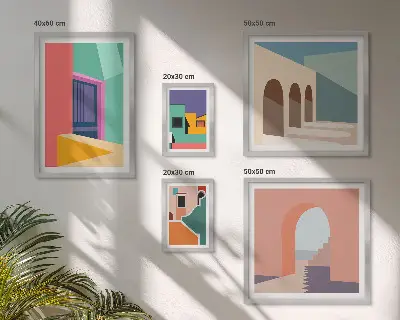 Képkészlet nappaliba színes városi illusztrációkkal