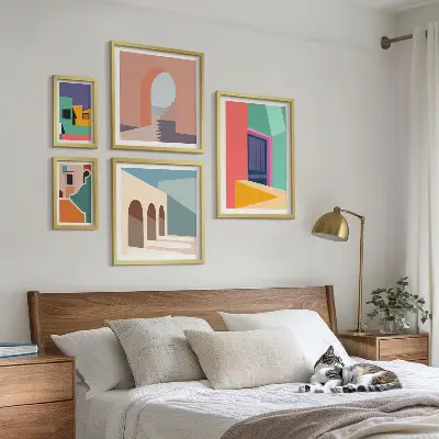 Képkészlet nappaliba színes városi illusztrációkkal