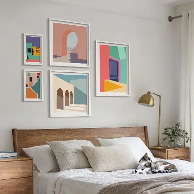 Képkészlet nappaliba színes városi illusztrációkkal